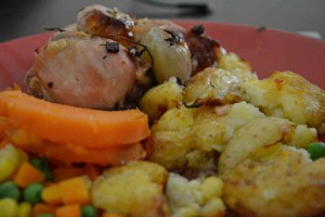 Serve with veges and roast potatoes